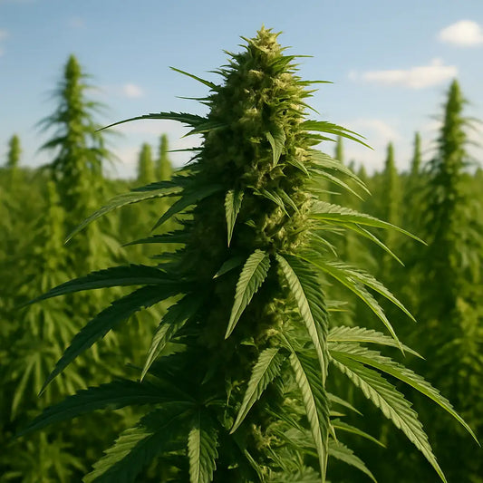 Champ de chanvre en pleine floraison destiné à la production de CBD, illustrant une culture écologique en France